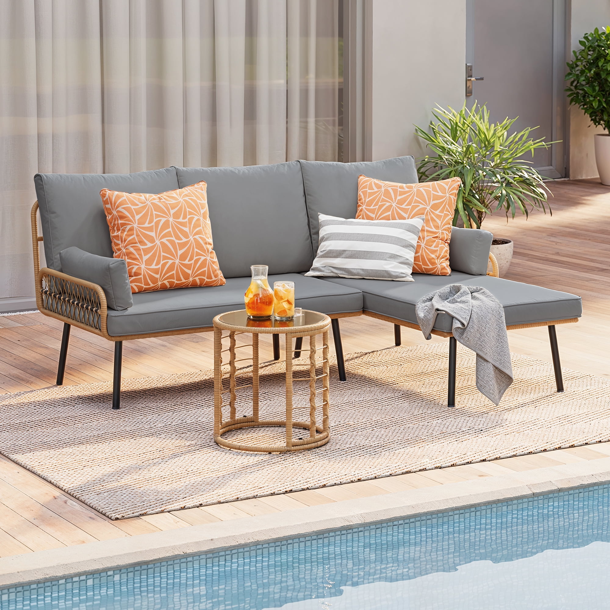 3-Piece Outdoor L-Shaped PE Wicker Conversation Set, All-Weather Waterproof Patio Furniture with Thick Cushions & Tempered Glass Coffee Table- Grey