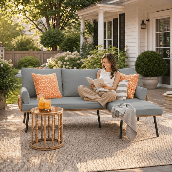 3-Piece L-Shaped PE Rattan Patio Set, Waterproof Outdoor Sofa with Thick Cushions & Glass Coffee Table - Grey