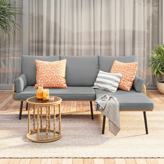 3-Piece All-Weather L-Shaped PE Wicker Patio Conversation Set - Thick Cushioned Outdoor Sofa with Tempered Glass Coffee Table, Waterproof Backyard/Porch/Balcony/Poolside Furniture Grey