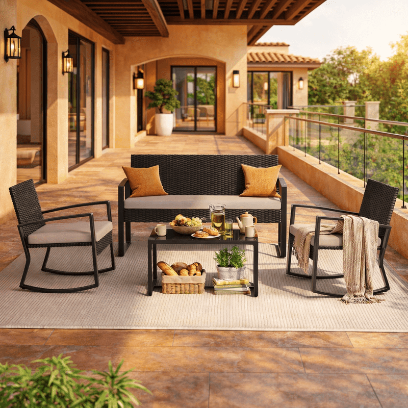 4-Piece All-Weather Steel Patio Conversation Set - Thick Cushioned Outdoor Sofa with Tempered Glass Coffee Table, Waterproof Backyard/Porch/Balcony/Poolside Furniture Beige