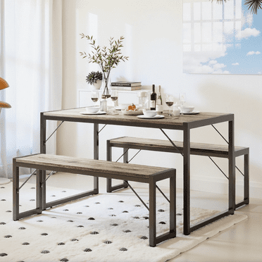 Aiho 4-Piece Dining Table Set - Industrial Kitchen Table & Chairs with Stain-Resistant Oak Top, Space Saving Design for Small Homes, Gray