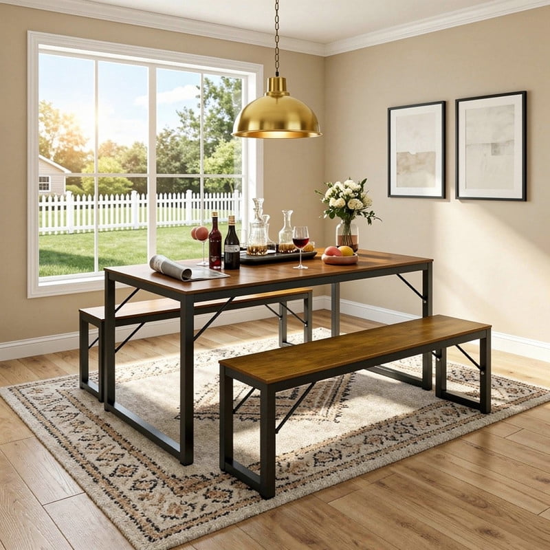 Aiho 3-Piece Dining Table Set - Industrial Kitchen Table & Chairs with Stain-Resistant Oak Top, Space Saving Design for Small Homes, Retro