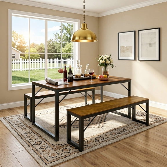 Aiho 3-Piece Dining Table Set - Industrial Kitchen Table & Chairs with Stain-Resistant Oak Top, Space Saving Design for Small Homes, Retro
