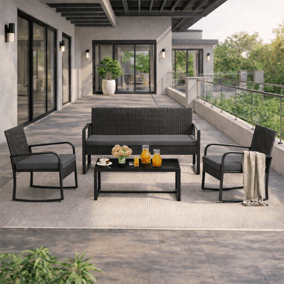 All-Weather Handwoven Wicker 4-Piece Rocking Patio Set Including Chairs and Coffee Table for Outdoor Leisure Space Dark Grey