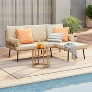 3-Piece Outdoor L-Shaped PE Wicker Conversation Set, All-Weather Waterproof Patio Furniture with Thick Cushions & Tempered Glass Coffee Table, Ideal for Backyard Porch Balcony Poolside - Beige