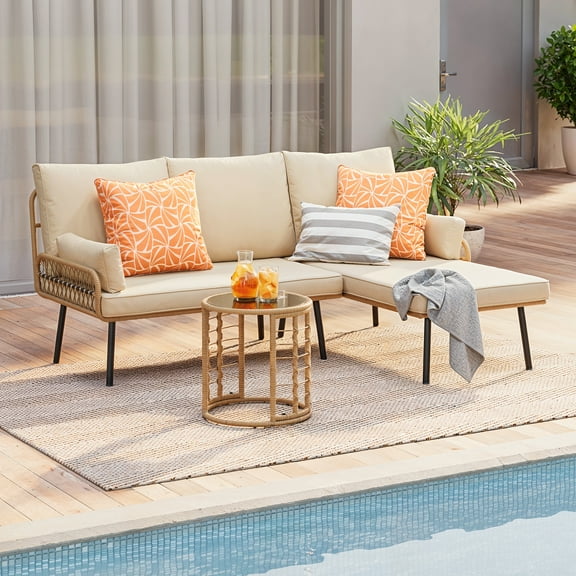 3-Piece Outdoor L-Shaped PE Wicker Conversation Set, All-Weather Waterproof Patio Furniture with Thick Cushions & Tempered Glass Coffee Table, Ideal for Backyard Porch Balcony Poolside - Beige