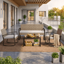 All-Weather Handwoven Wicker 4-Piece Rocking Patio Set Including Chairs and Coffee Table for Outdoor Leisure Space Beige