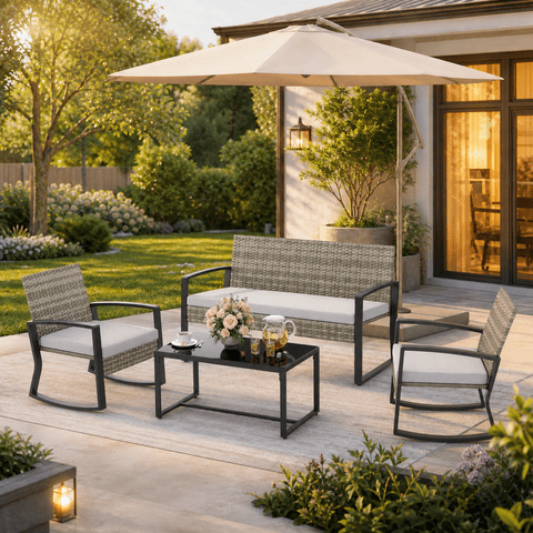 Rocking Wicker Outdoor Bistro 4‑Piece Set, All‑Weather Patio Furniture with Thick Cushions & Glass‑Top Coffee Table for Backyard Pool Porch,Light Grey