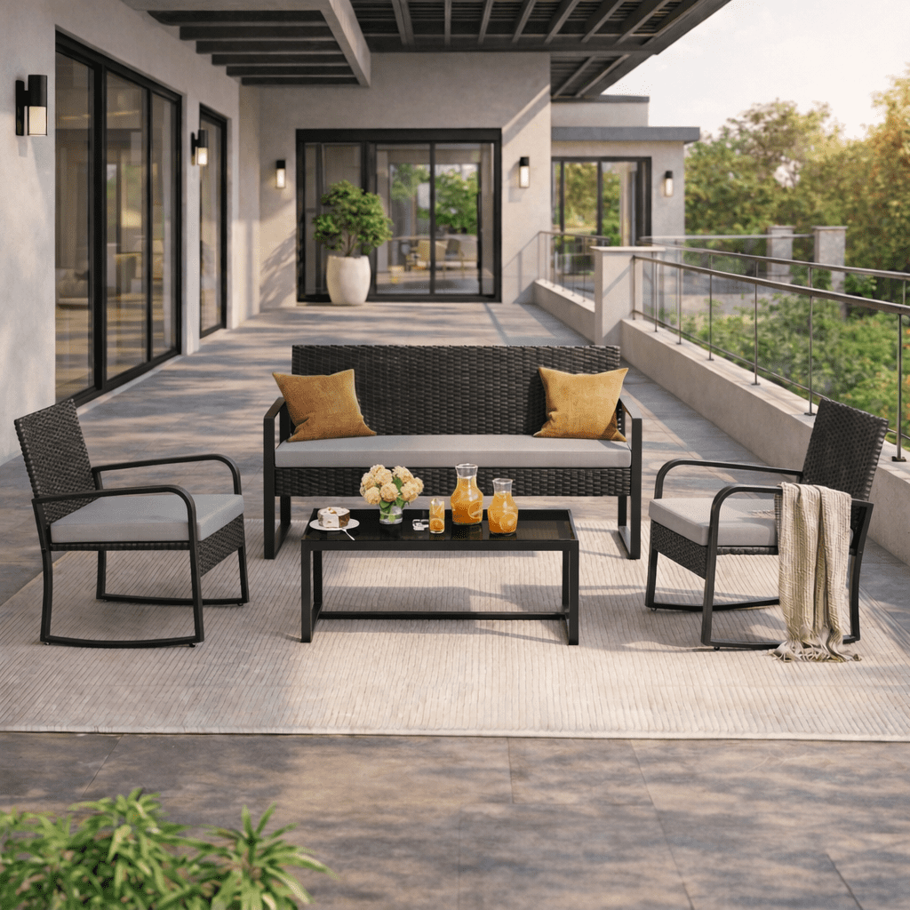 All-Weather Handwoven steel 4-Piece Patio Set Including Chairs and Coffee Table for Outdoor Leisure Space Dark Grey