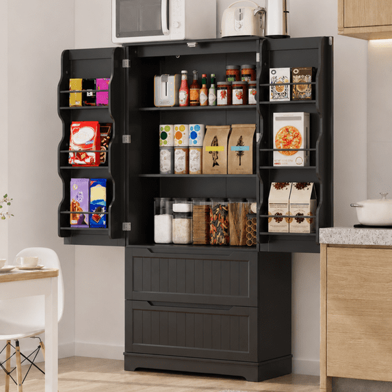 Aiho 63" H Pantry Cabinet with 2 Doors and 2 Drawer, Solid & Sturdy, Storage Cabinet for Entryway, Kitchen - Black