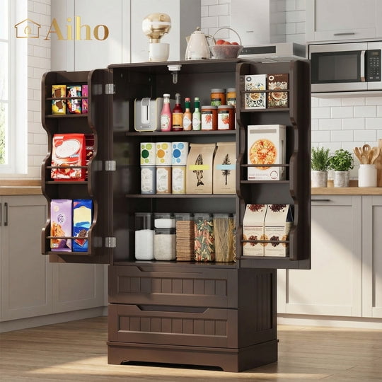 Aiho 47" H Pantry Cabinet with 2 Doors and 2 Drawer, Solid & Sturdy, Storage Cabinet for Entryway, Kitchen - Dark Brown