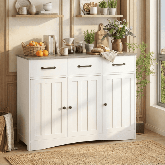 Kitchen Dining Room Sideboard Buffet Cabinet 42.5" - Farmhouse Wood Storage with 3 Drawers, Barn Doors & Adjustable Shelf Grey