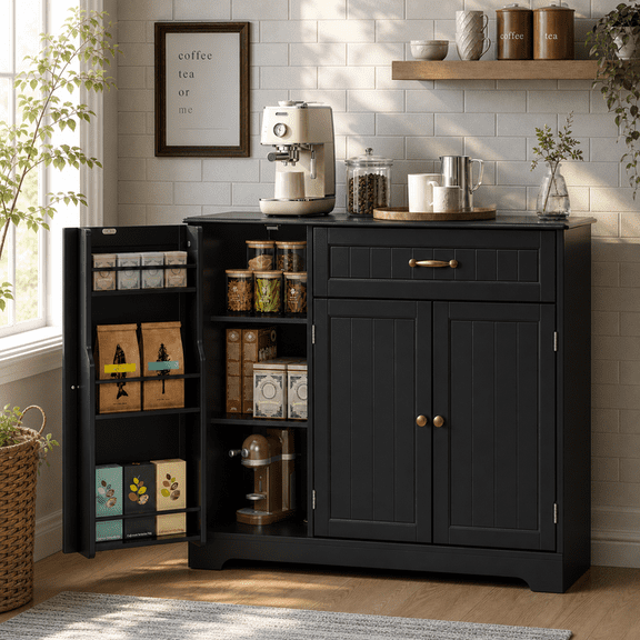 Aiho 42” Coffee Bar Cabinet with Storage, Kitchen Storage Cabinet, Sideboard Buffet Cabinet with 8 Shelves, 1 Drawer - Black