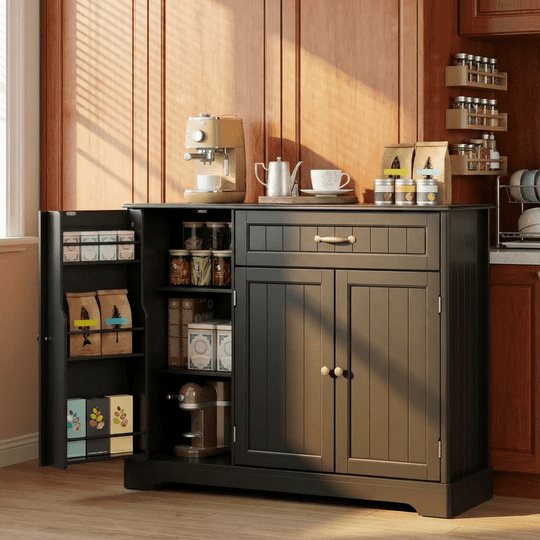 Aiho 42” Coffee Bar Cabinet with Storage, Kitchen Storage Cabinet, Sideboard Buffet Cabinet with 8 Shelves, 1 Drawer - Black