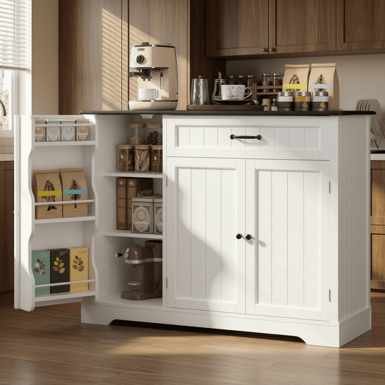 Aiho 42” Coffee Bar Cabinet with Storage, Kitchen Storage Cabinet, Sideboard Buffet Cabinet with 8 Shelves, 1 Drawer - White and Black