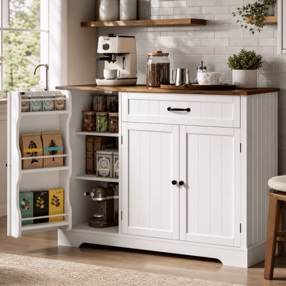 Aiho 42” Coffee Bar Cabinet with Storage, Kitchen Storage Cabinet, Sideboard Buffet Cabinet with 8 Shelves, 1 Drawer - White and Retro