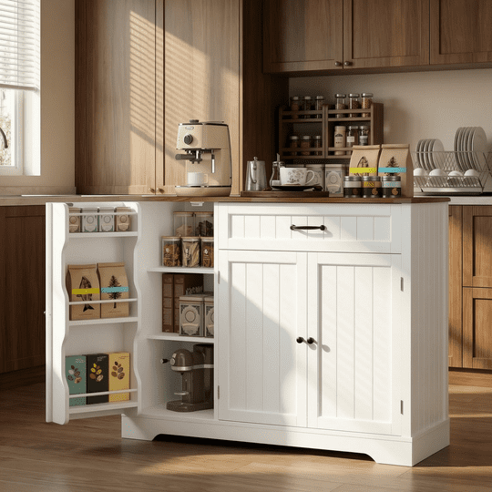 Aiho 42” Coffee Bar Cabinet with Storage, Kitchen Storage Cabinet, Sideboard Buffet Cabinet with 8 Shelves, 1 Drawer - White and Retro