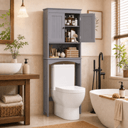 Over-The-Toilet Storage Cabinet, Freestanding Bathroom Organizer with Adjustable Shelf & 2 Doors, White / Gray Engineered Wood