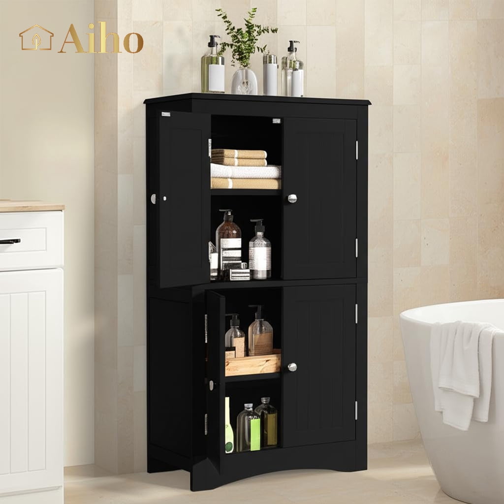 Aiho 43" Bathroom Storage Cabinet, Freestanding Cabinet with 4 Doors & 3 Adjustable Shelves for Bathroom - Black