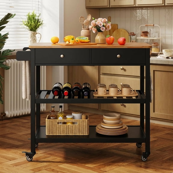 40” Rolling Kitchen Island Cart with Storage, Features 2 Drawers, 2-Tier Shelves, Towel Bar, Metal Hooks, and Locking Wheels for Dining, Bar, or Outdoor Use, Black