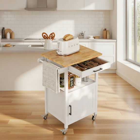 Rolling Kitchen Island Cart with Rubber Wood Countertop, Mobile Storage Cart Featuring Drawer, Cabinet, Shelf and Side Hooks, Compact Microwave Stand for Small Kitchen Spaces, White
