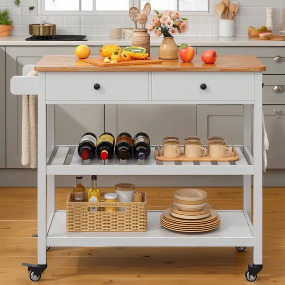 40” Rolling Kitchen Island Cart with Storage, Features 2 Drawers, 2-Tier Shelves, Towel Bar, Metal Hooks, and Locking Wheels for Dining, Bar, or Outdoor Use, White