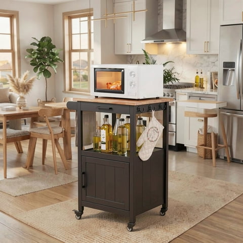 Rolling Kitchen Island Cart with Rubber Wood Countertop, Mobile Storage Cart Featuring Drawer, Cabinet, Shelf and Side Hooks, Compact Microwave Stand for Small Kitchen Spaces, Black