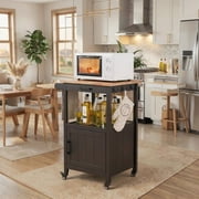 Rolling Kitchen Island Cart with Rubber Wood Countertop, Mobile Storage Cart Featuring Drawer, Cabinet, Shelf and Side Hooks, Compact Microwave Stand for Small Kitchen Spaces, Black