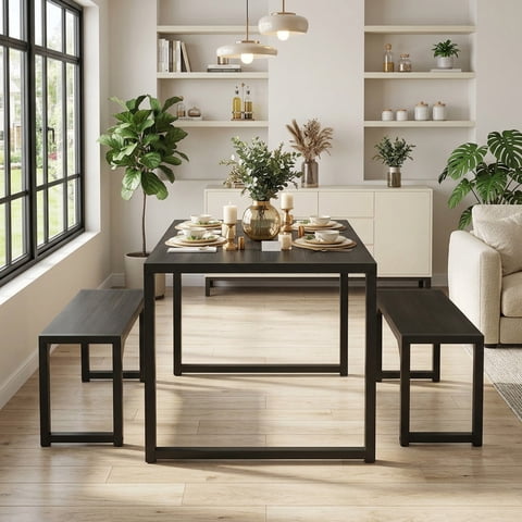 Aiho 25.6" Compact Dining Table Set for 2 w/2 Stools - Space-Saving Metal Frame & Wood Top for Small Kitchens, Breakfast Nook - Black