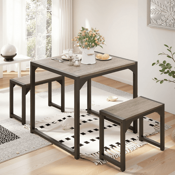 Aiho 25.6" Compact Dining Table Set for 2 w/2 Stools - Space-Saving Metal Frame & Wood Top for Small Kitchens, Breakfast Nook - Gray