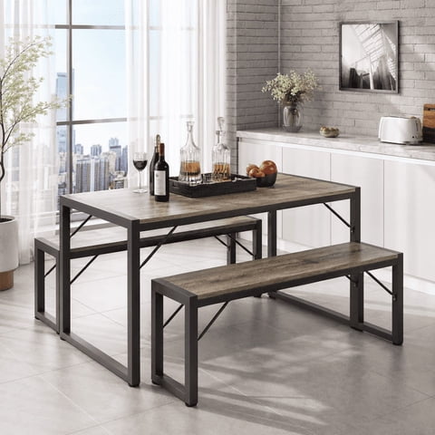 Aiho 45.5" Dining Table Set for 4, Kitchen Table with 2 Benches, Wood Dinette Sets with Metal Frame - Gray