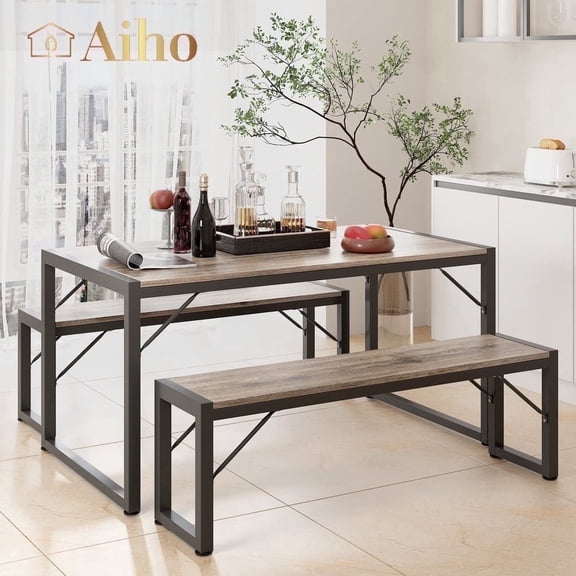 Aiho 45.5" Dining Table Set for 4, Kitchen Table with 2 Benches, Wood Dinette Sets with Metal Frame - Gray