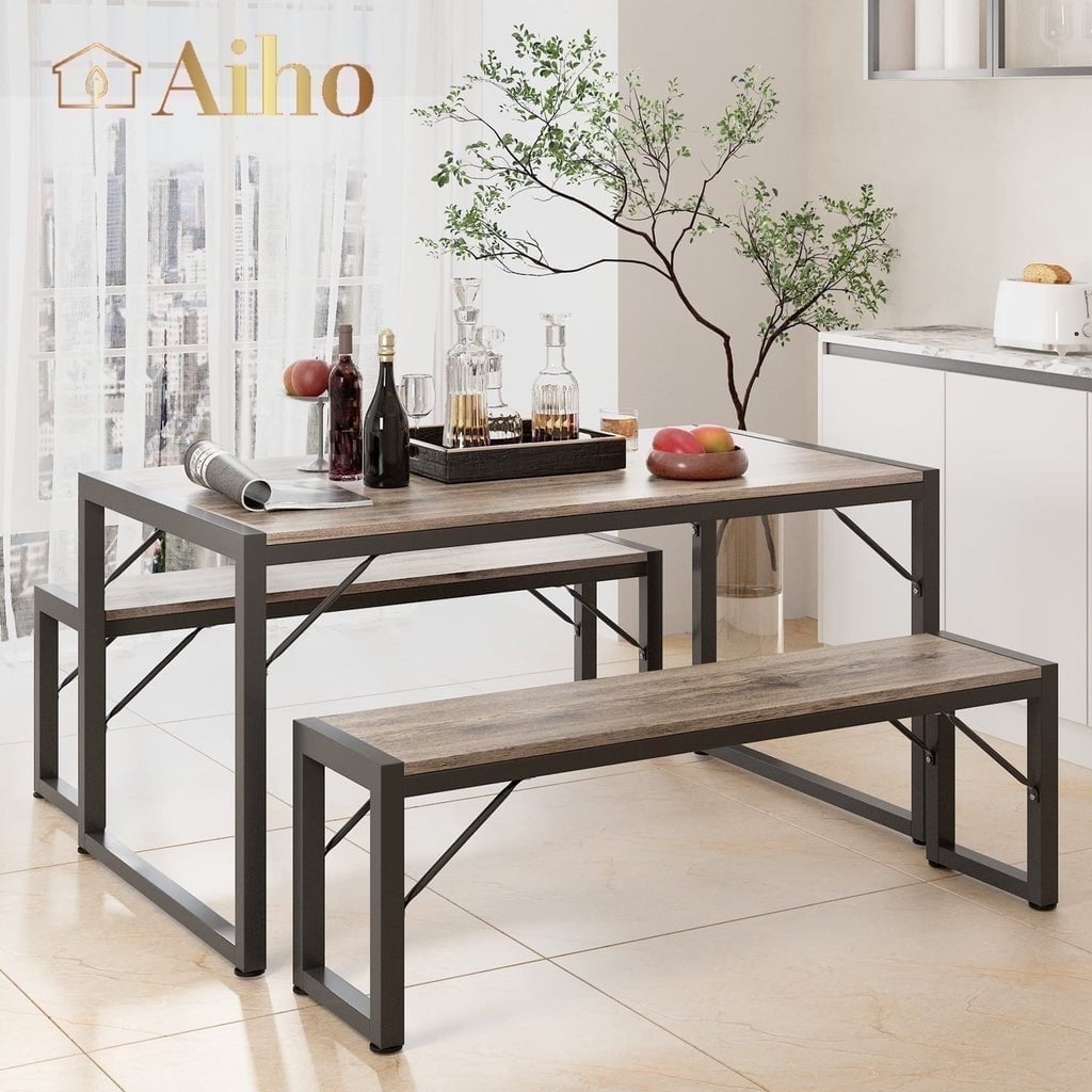 Walmart discounts of Aiho 45.5" Dining Table Set for 4, Kitchen Table with 2 Benches, Wood Dining Room Dinette Sets with Metal Frame for Breakfast Nook and Small Space - Gray