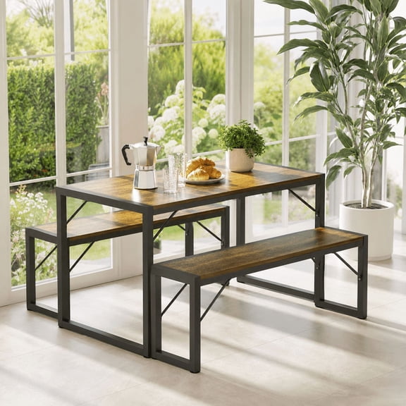 Aiho 45.5" Dining Table Set for 4, Kitchen Table with 2 Benches, Wood Dinette Sets with Metal Frame - Retro