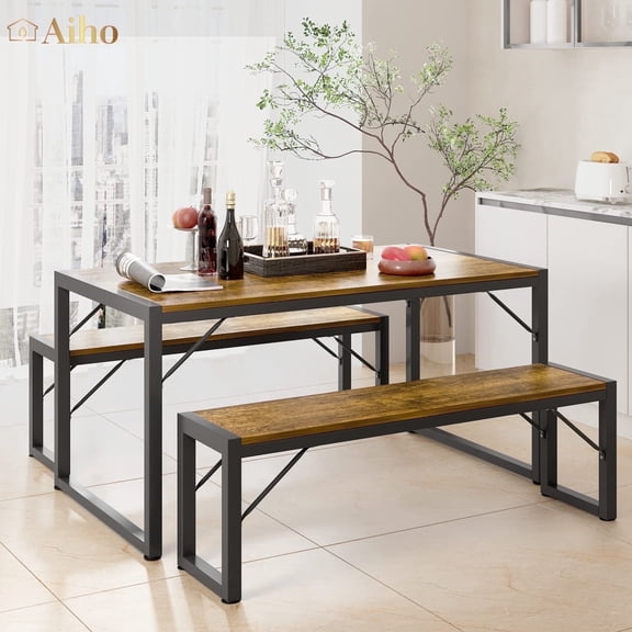 Aiho 45.5" Dining Table Set for 4, Kitchen Table with 2 Benches, Wood Dinette Sets with Metal Frame - Retro