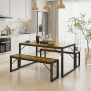 Aiho 45.5 Dining Table Set for 4, Kitchen Table with 2 Benches, Wood Dinette Sets with Metal Frame - Retro