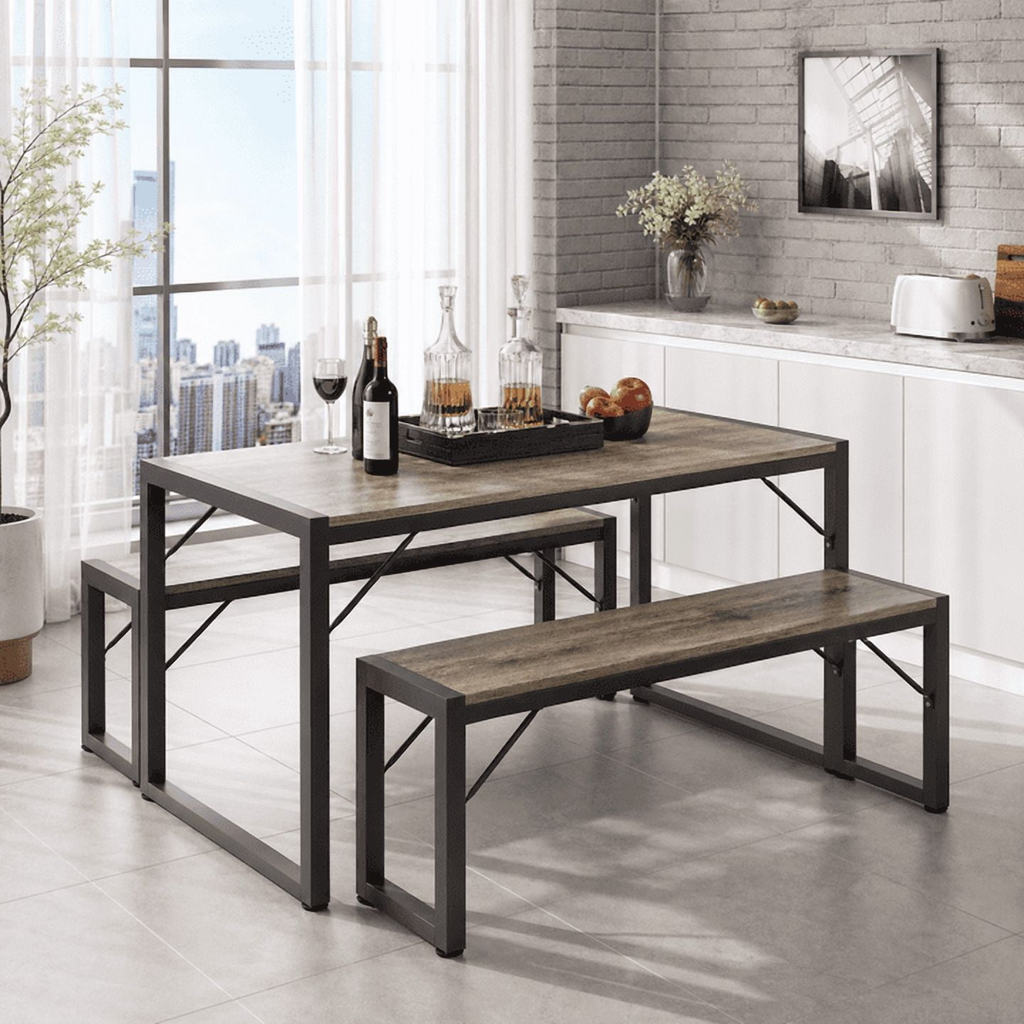 Aiho 45.5" Dining Table Set for 4, Kitchen Table with 2 Benches, Wood Dinette Sets with Metal Frame - Gray