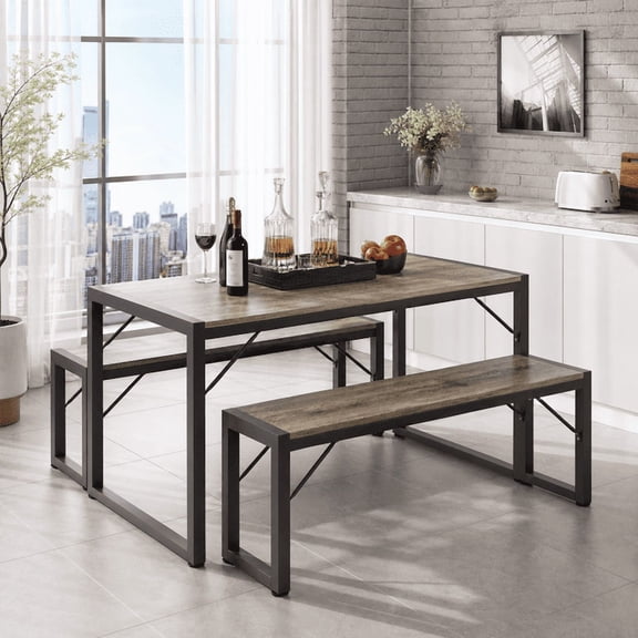 Aiho 45.5" Dining Table Set for 4, Kitchen Table with 2 Benches, Wood Dinette Sets with Metal Frame - Gray
