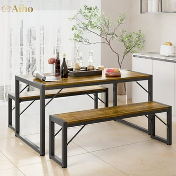 Aiho 45.5" Dining Table Set for 4 with 2 Benches for Kitchen, Dining Room - Retro