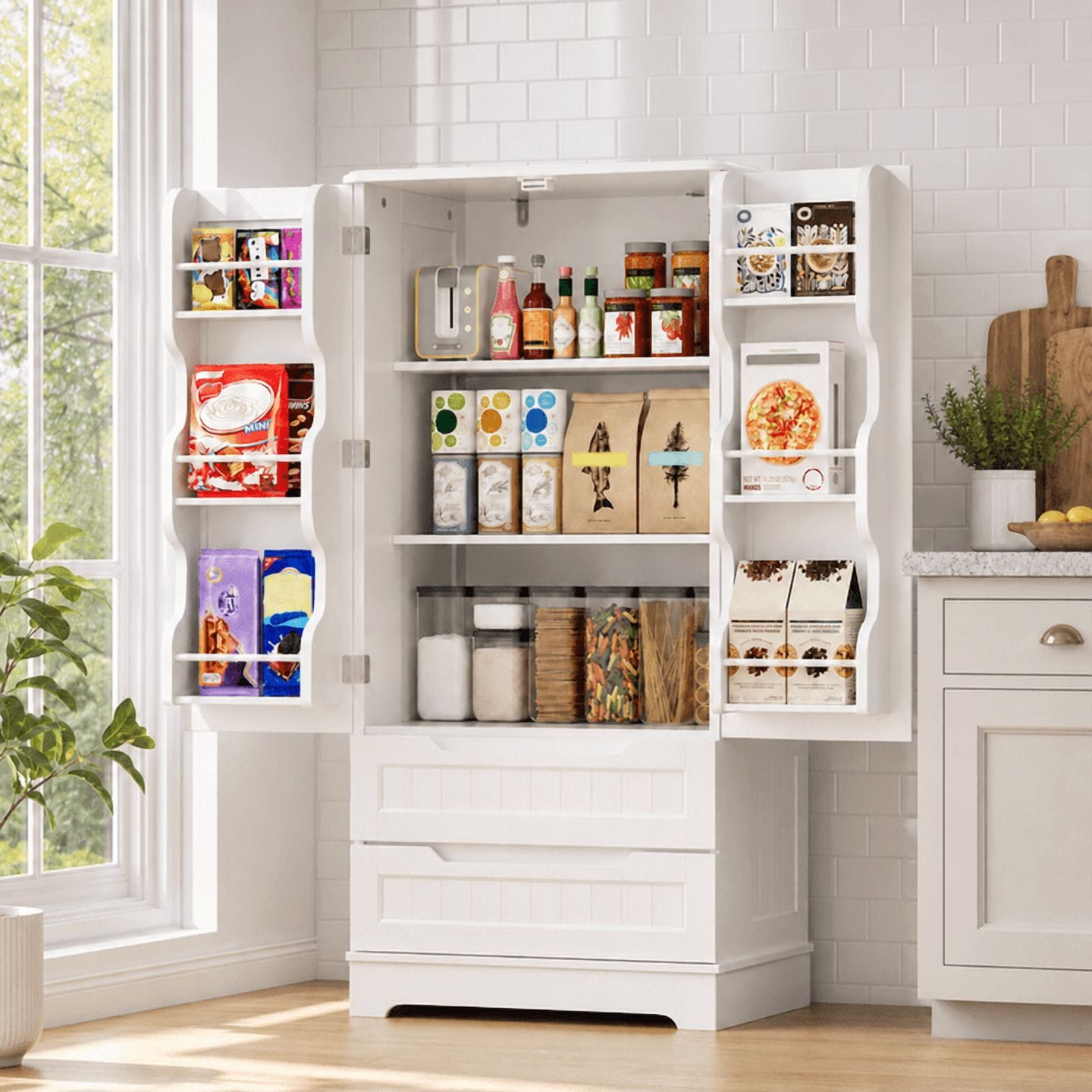 Aiho 47" H Kitchen Pantry Cabinet with 2 Doors and 2 Drawers, Solid & Sturdy, Storage Cabinet for Entryway, Kitchen - White