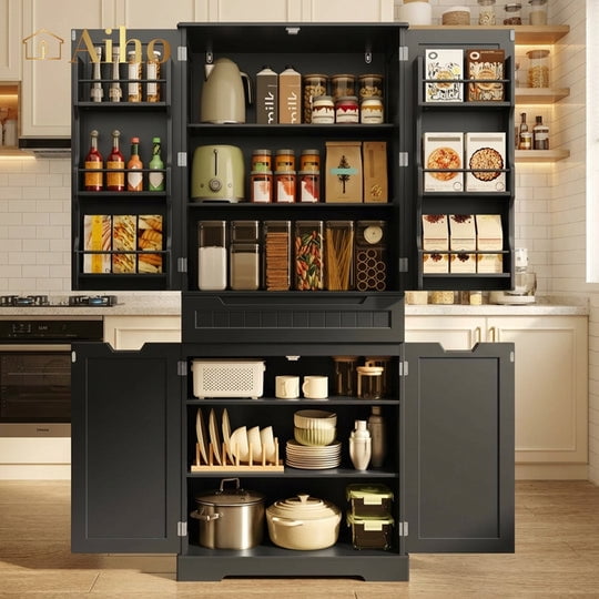 Aiho 71" Kitchen Storage Cabinet with Doors and Shelves, Bathroom Storage Cabinet - Black