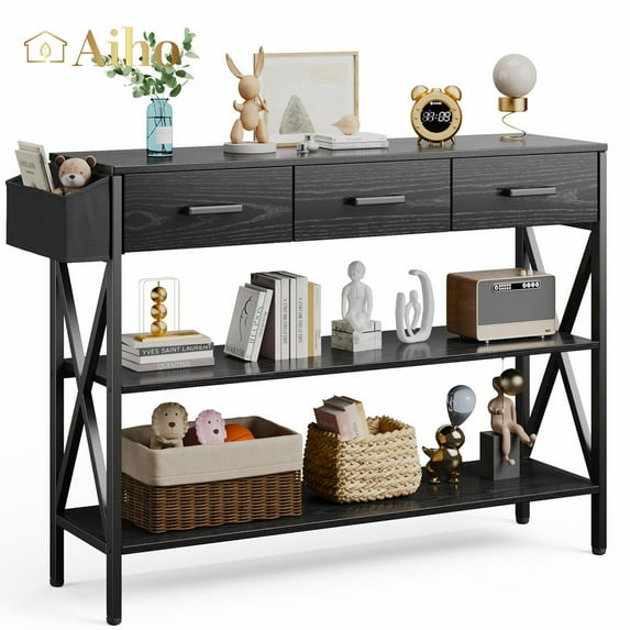 Aiho 47 "L Console Table with Drawers, Entryway Table with Storage Shelves, Sofa Table for Living Room, Entryway - Black
