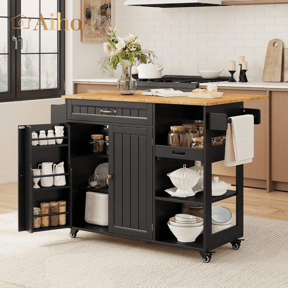Aiho 41.7"W kitchen island with storage with Solid Wood Adjustable Shelf, rolling kitchen island with Spice Rack, Towel Rack and Removable Tray, For Kitchen, Coffee Bars, Dining Room, Parlor - Black