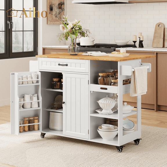 Aiho 41.7"W kitchen island with storage with Solid Wood Adjustable Shelf, rolling kitchen island with Spice Rack, Towel Rack and Removable Tray, For Kitchen, Coffee Bars, Dining Room, Parlor - White