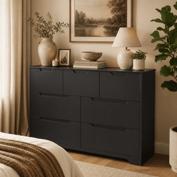 Aiho 48" Wide Wooden 7 Drawer Dresser, Storage Organizer for Bedroom, Nursery, Entryway, Hallway, Black