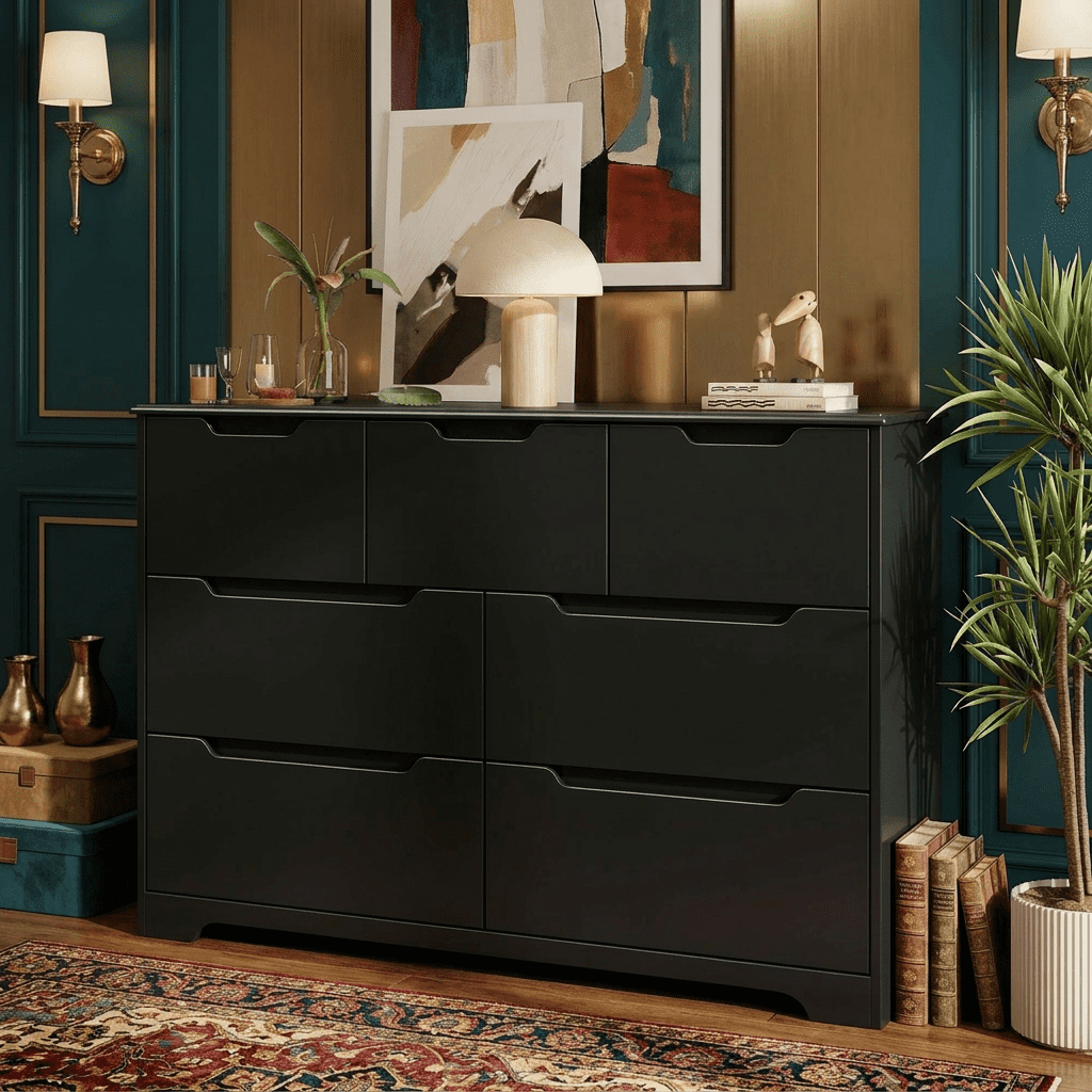 Aiho 48" Wide Wooden 7 Drawer Dresser, Storage Organizer for Bedroom, Nursery, Entryway, Hallway, Black