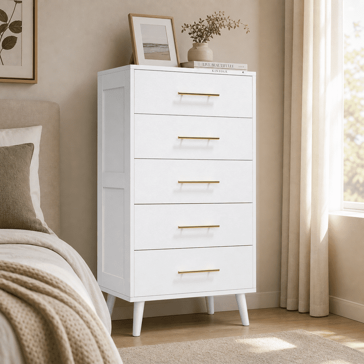 Aiho 5 Drawer Dresser, Tall Chest of Drawers Nightstand Storage Tower Storage Wooden Dresser for Living Room, Bedroom, Hallway - White