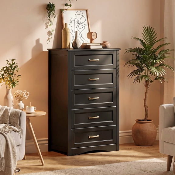 Aiho 5-Drawer Dresser with Metal Handles, Storage Cabinet for Bedroom or Living Room, Black