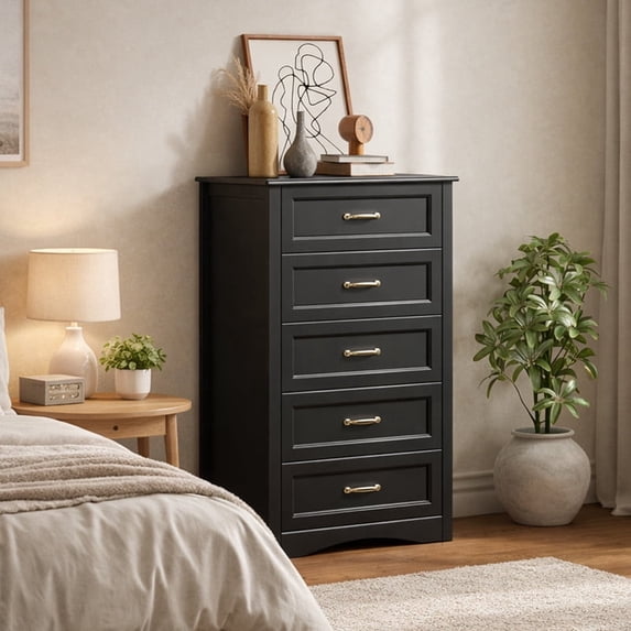 5 Drawer Dresser, Wooden Chest of Drawers with Sleek Metal Handles for Living Room & Bedroom, Black