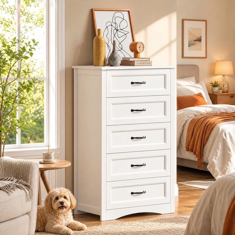 5 Drawer Dresser, Wooden Chest of Drawers with Sleek Metal Handles, MDF Storage Dresser Organizer for Bedroom, Living Room, Hallway - White